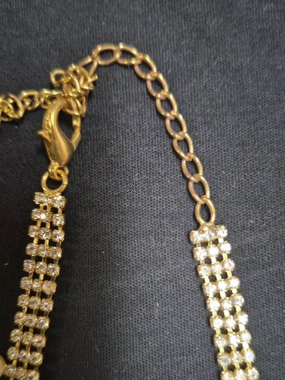 Gold Pearl Collar Necklace with Crystal Rows